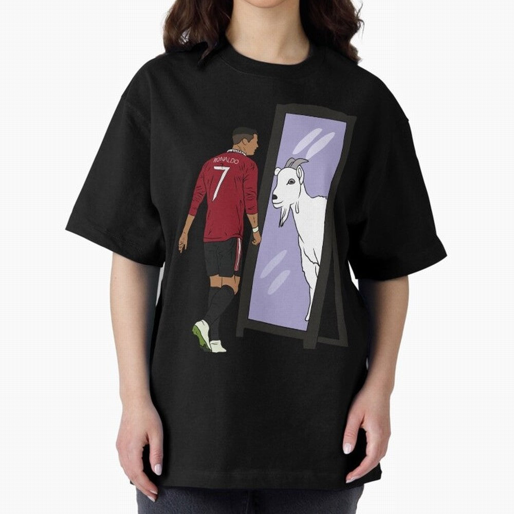 Cristiano Ronaldo Mirror GOAT Oversized T-Shirt Capture Stadium Memories from FIFA World Cup 2026 Inspired by CR7 and Messi, Argentina and Brazil Energy, Championship Spirit, Famous Goals, Roaring Crowds and International Football Unity; Perfect