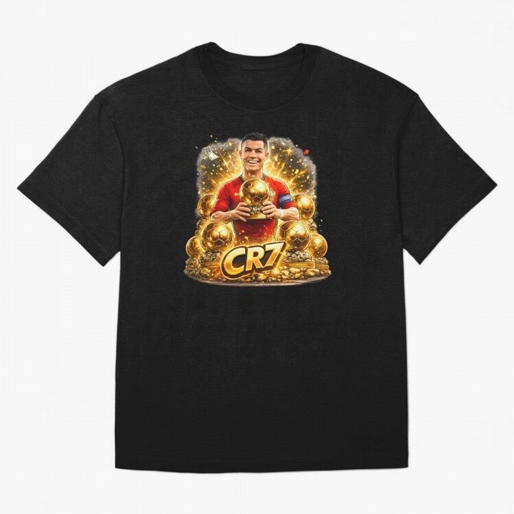 CR7 Five Ballon d'Or Trophies Cartoon ¨C Football Legend Illustration Oversized T-Shirt Relive FIFA World Cup 2026 Group Stage Made for Messi, Neymar and Mbappe, Spain Energy, Stadium Memories, Football Loyalty, International Chants and