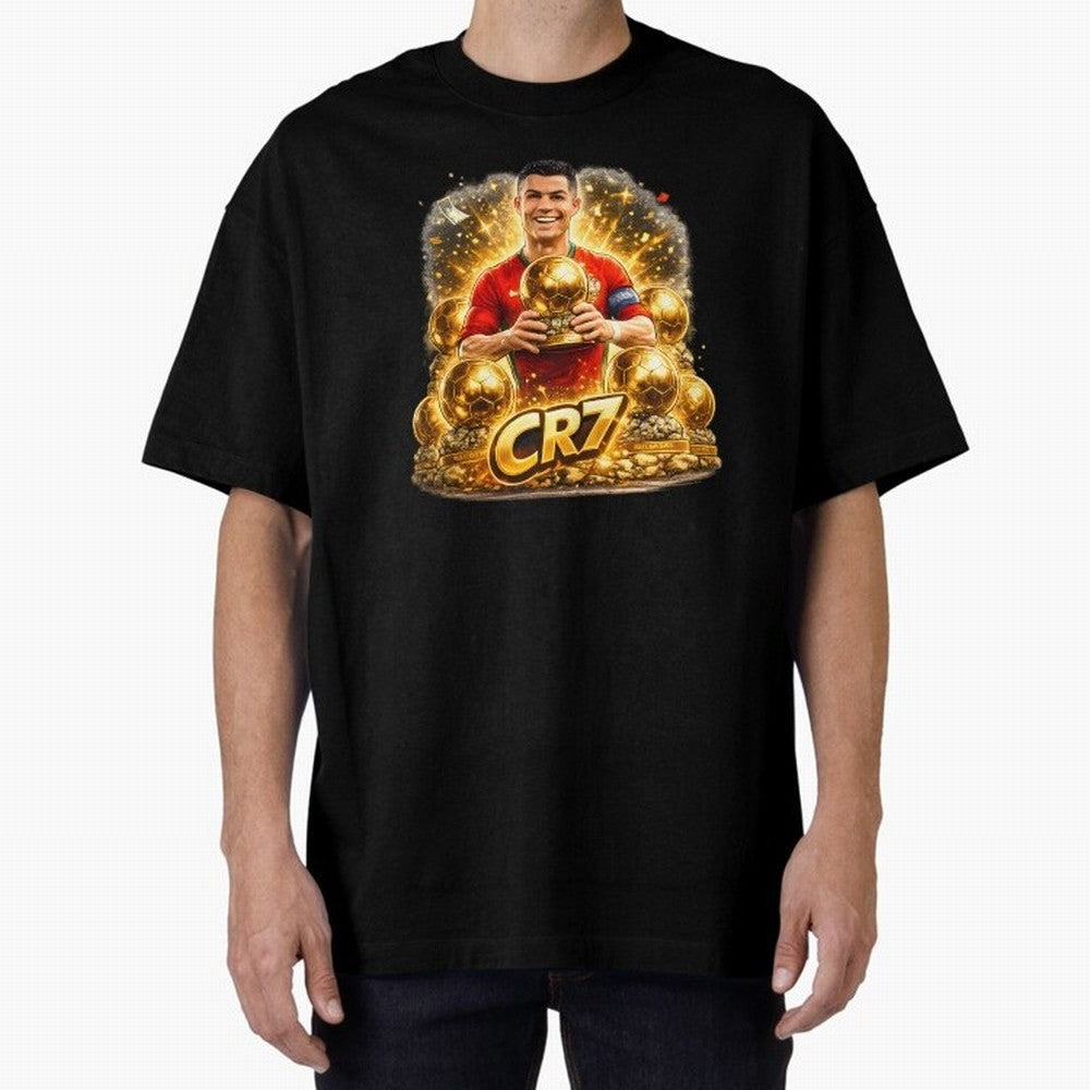 CR7 Five Ballon d'Or Trophies Cartoon ¨C Football Legend Illustration Oversized T-Shirt Relive FIFA World Cup 2026 Group Stage Made for Messi, Neymar and Mbappe, Spain Energy, Stadium Memories, Football Loyalty, International Chants and