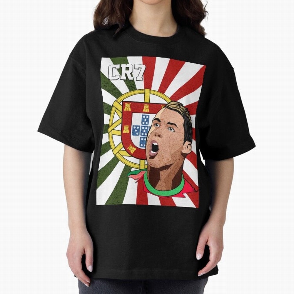 Cristiano Ronaldo 7 Oversized T-Shirt Celebrate Golden Goal Energy in FIFA World Cup 2026 Group Stage Centered on Messi, CR7 and Mbappe, France and Portugal Energy, Retro Football Energy, Iconic Rivalries, Trophy Chase Drama and Stadium Atmosphere;