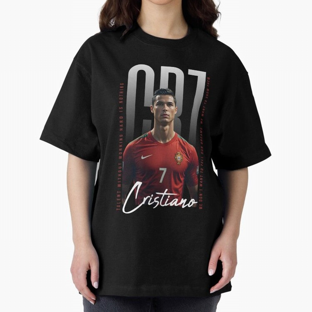 Cristiano Ronaldo Oversized T-Shirt Honor the Beautiful Game during Match Day Hype around FIFA World Cup 2026 USA Canada Mexico, Cristiano Ronaldo, Haaland and CR7, England and Germany, Football Festival Excitement, Trophy Ambitions, Country