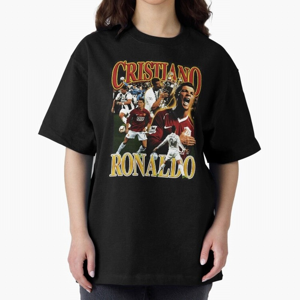 Cristiano Ronaldo Retro Collage Oversized T-Shirt Honor the Beautiful Game during Global Football Passion for FIFA World Cup 2026, Inspired by Haaland and Mbappe, Portugal, Worldwide Fan Energy, Dramatic Goals, Stadium Lights and Championship