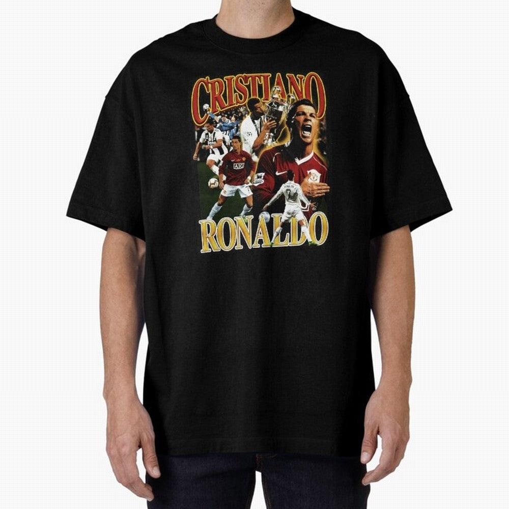 Cristiano Ronaldo Retro Collage Oversized T-Shirt Honor the Beautiful Game during Global Football Passion for FIFA World Cup 2026, Inspired by Haaland and Mbappe, Portugal, Worldwide Fan Energy, Dramatic Goals, Stadium Lights and Championship