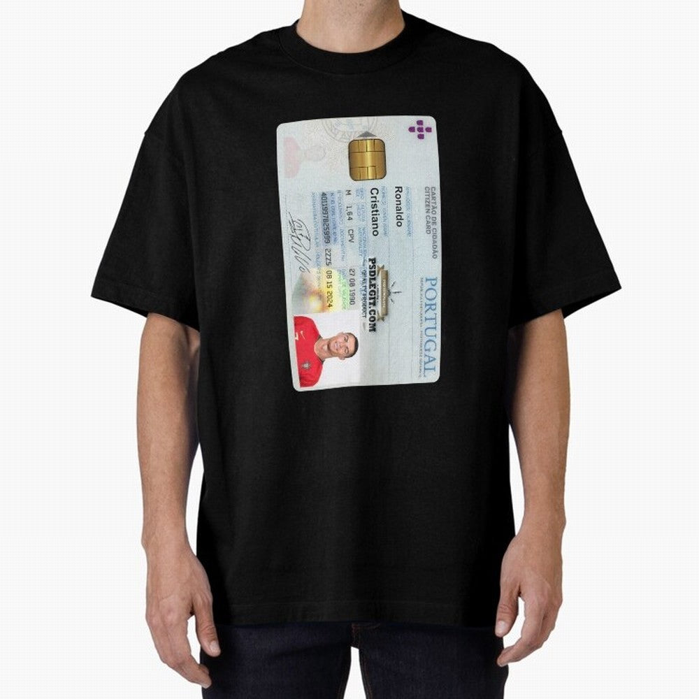 Cristiano Ronaldo CARD ID Oversized T-Shirt Follow Every Goal of FIFA World Cup 2026 Group Stage Celebrating Cristiano Ronaldo, France Energy, Classic Soccer Heritage, Championship Pressure, Fan Loyalty and International Pride; Made for Die Hard