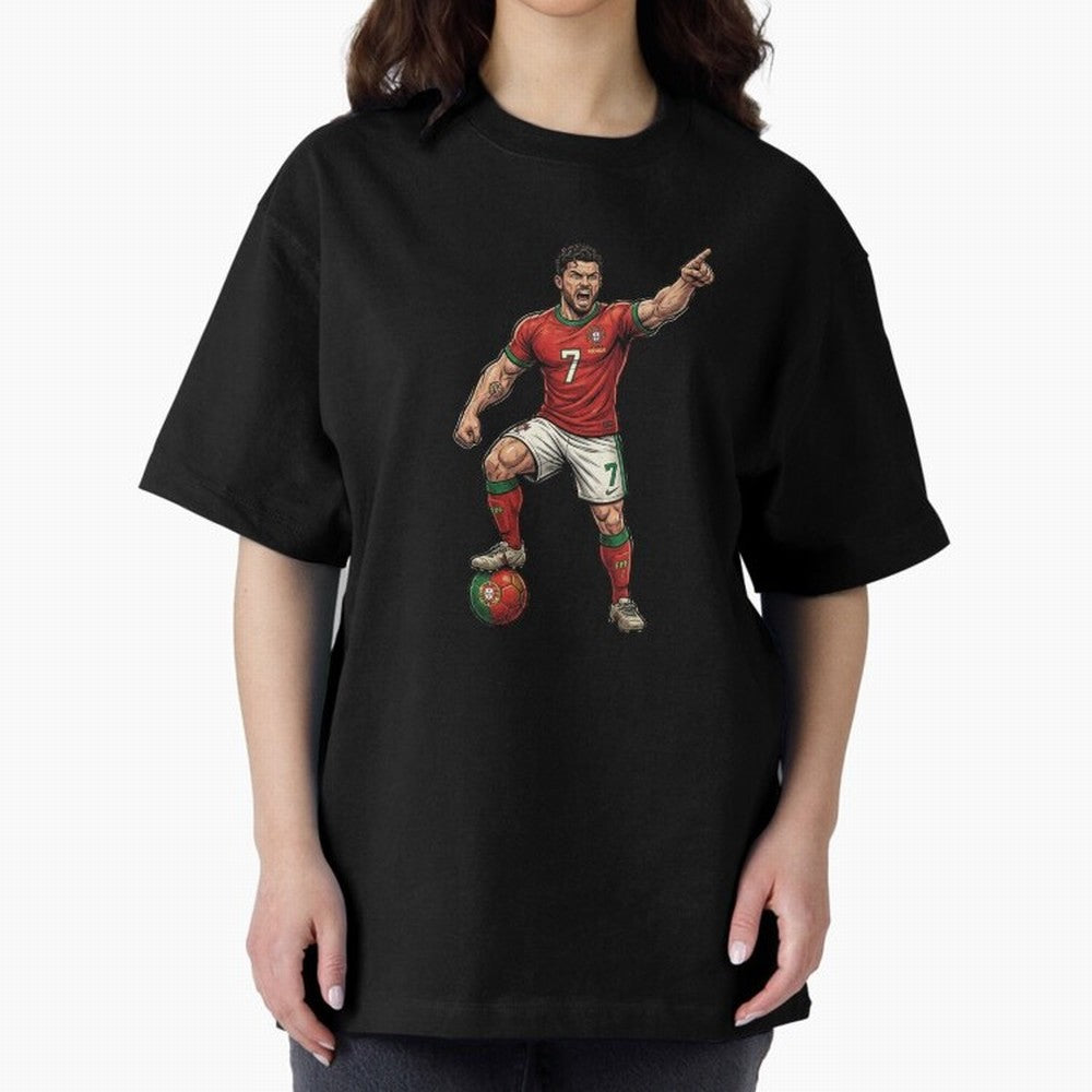 The ultimate soccer player | anime style Oversized T-Shirt Celebrate Soccer Greatness during Match Day Hype around FIFA World Cup 2026 Group Stage, Cristiano Ronaldo, England and Germany, Stadium Memories, Football Loyalty, International Chants and