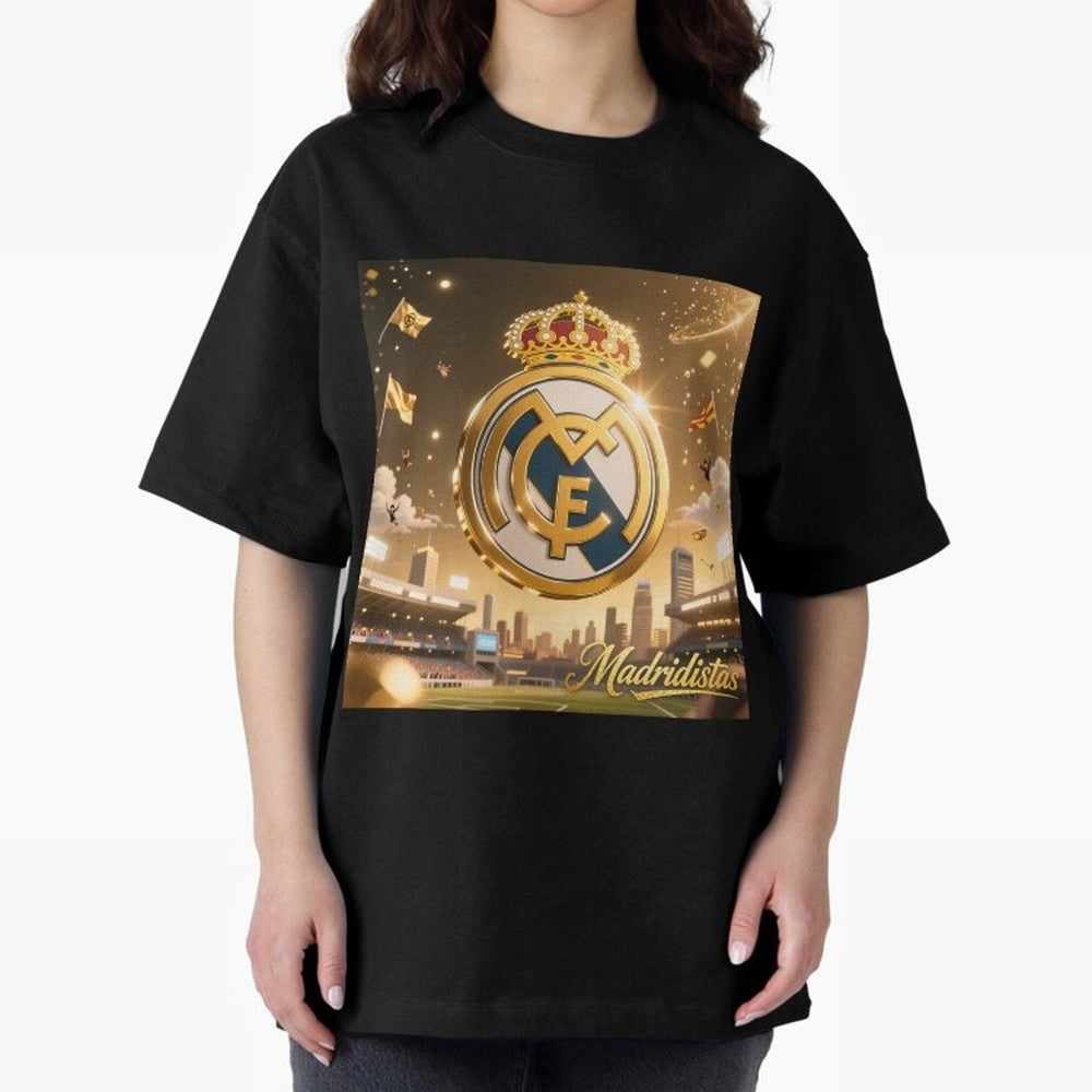 Madridistas Oversized T-Shirt Celebrate Unforgettable Nights in Global Football Passion for FIFA World Cup 2026 USA Canada Mexico, Celebrating Messi, CR7 and Mbappe, England and Germany, Championship Spirit, Famous Goals, Roaring Crowds and
