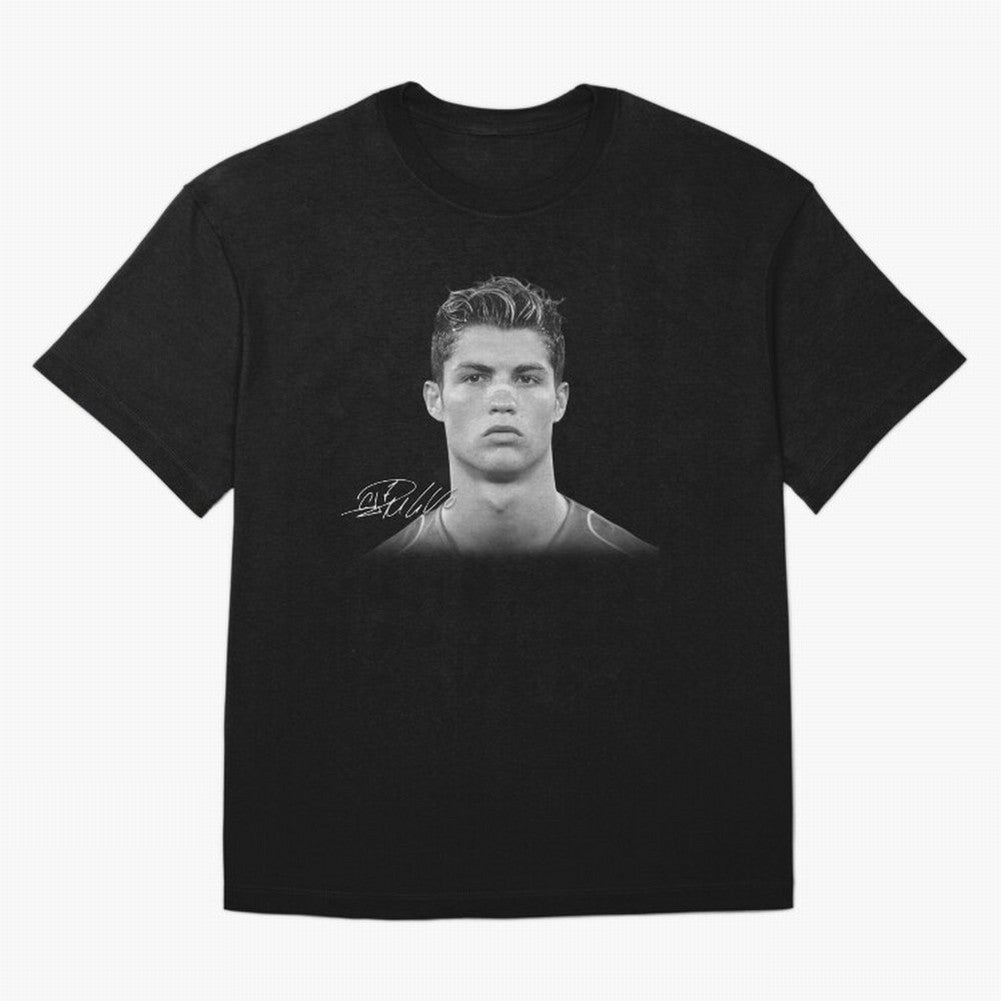 Cristiano Ronaldo T-Shirt Big Face Young Ronaldo - Black and White Oversized T-Shirt Show Match Day Excitement for Global Football Passion for FIFA World Cup 2026, Connected to Haaland, Germany, Football History, Final Match Energy, Crowd Noise and