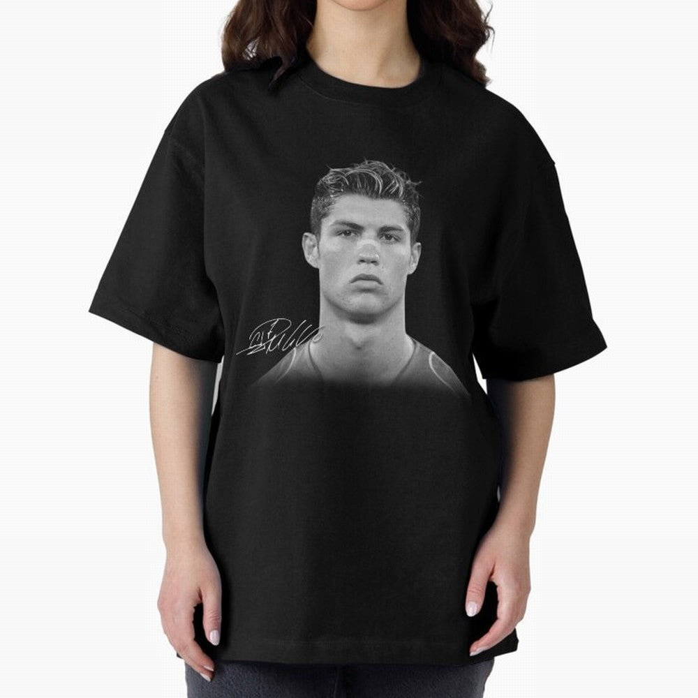 Cristiano Ronaldo T-Shirt Big Face Young Ronaldo - Black and White Oversized T-Shirt Show Match Day Excitement for Global Football Passion for FIFA World Cup 2026, Connected to Haaland, Germany, Football History, Final Match Energy, Crowd Noise and