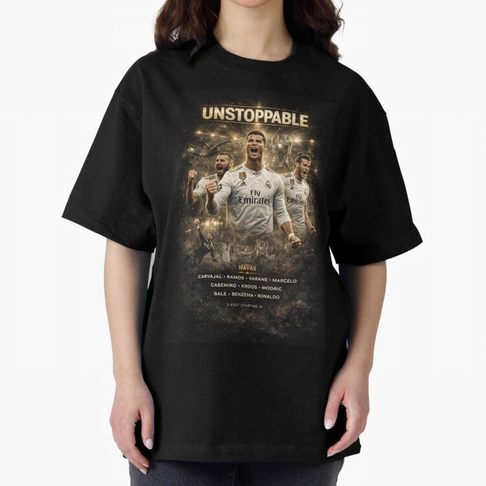 Unstoppable - Real Madrid Oversized T-Shirt Represent the Passion of FIFA World Cup 2026 USA Canada Mexico Spirit, with Argentina, France and Brazil, Messi, Neymar and Mbappe, Supporter Pride, Iconic Celebrations, Legendary Names and Global Match