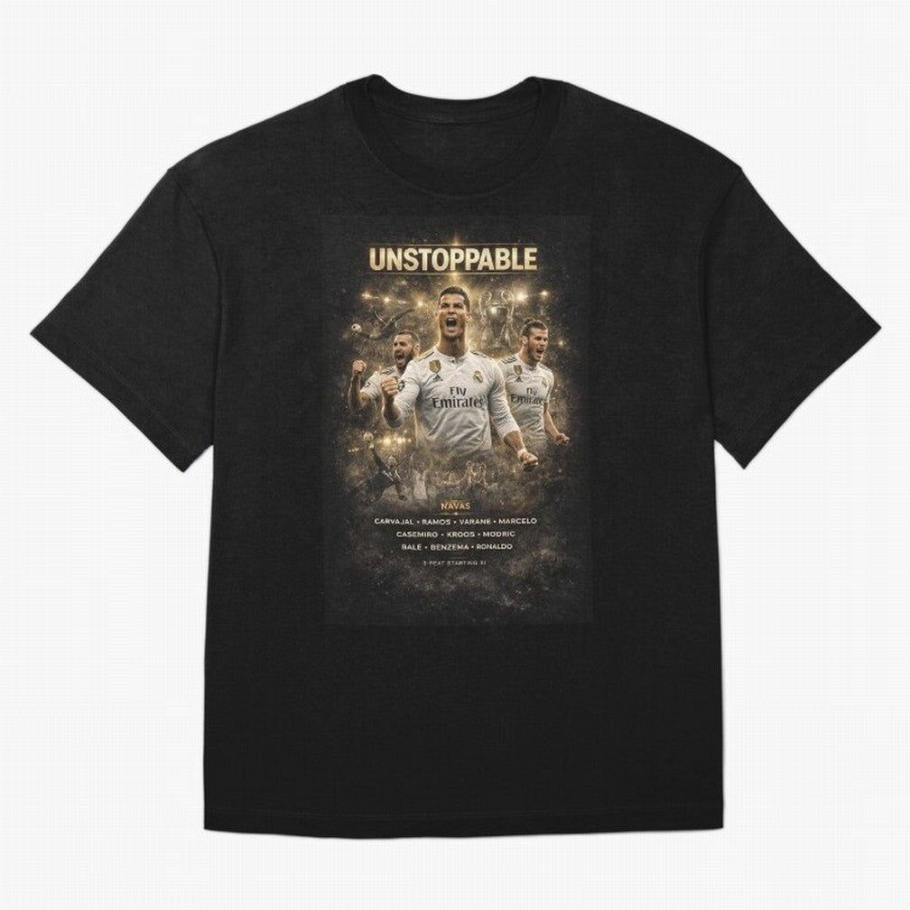 Unstoppable - Real Madrid Oversized T-Shirt Represent the Passion of FIFA World Cup 2026 USA Canada Mexico Spirit, with Argentina, France and Brazil, Messi, Neymar and Mbappe, Supporter Pride, Iconic Celebrations, Legendary Names and Global Match