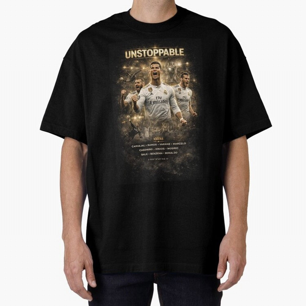Unstoppable - Real Madrid Oversized T-Shirt Represent the Passion of FIFA World Cup 2026 USA Canada Mexico Spirit, with Argentina, France and Brazil, Messi, Neymar and Mbappe, Supporter Pride, Iconic Celebrations, Legendary Names and Global Match