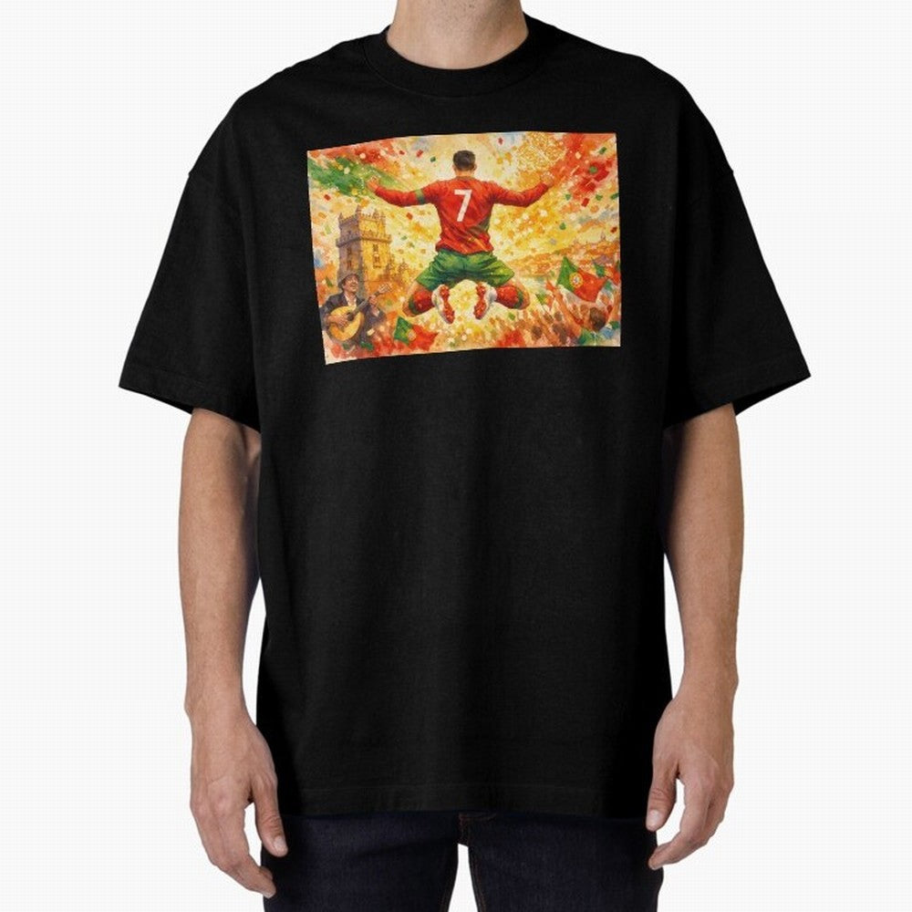 Soccer Player in Mid-Air Celebration Legend CR7 Oversized T-Shirt Experience the Global Stage of FIFA World Cup 2026 USA Canada Mexico for Fans of CR7 and Spain and Netherlands, Bringing Football Festival Excitement, Trophy Ambitions, Country