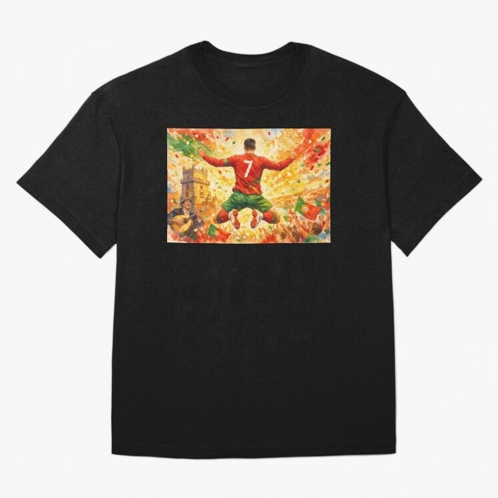 Soccer Player in Mid-Air Celebration Legend CR7 Oversized T-Shirt Experience the Global Stage of FIFA World Cup 2026 USA Canada Mexico for Fans of CR7 and Spain and Netherlands, Bringing Football Festival Excitement, Trophy Ambitions, Country
