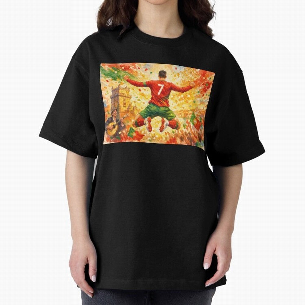 Soccer Player in Mid-Air Celebration Legend CR7 Oversized T-Shirt Experience the Global Stage of FIFA World Cup 2026 USA Canada Mexico for Fans of CR7 and Spain and Netherlands, Bringing Football Festival Excitement, Trophy Ambitions, Country