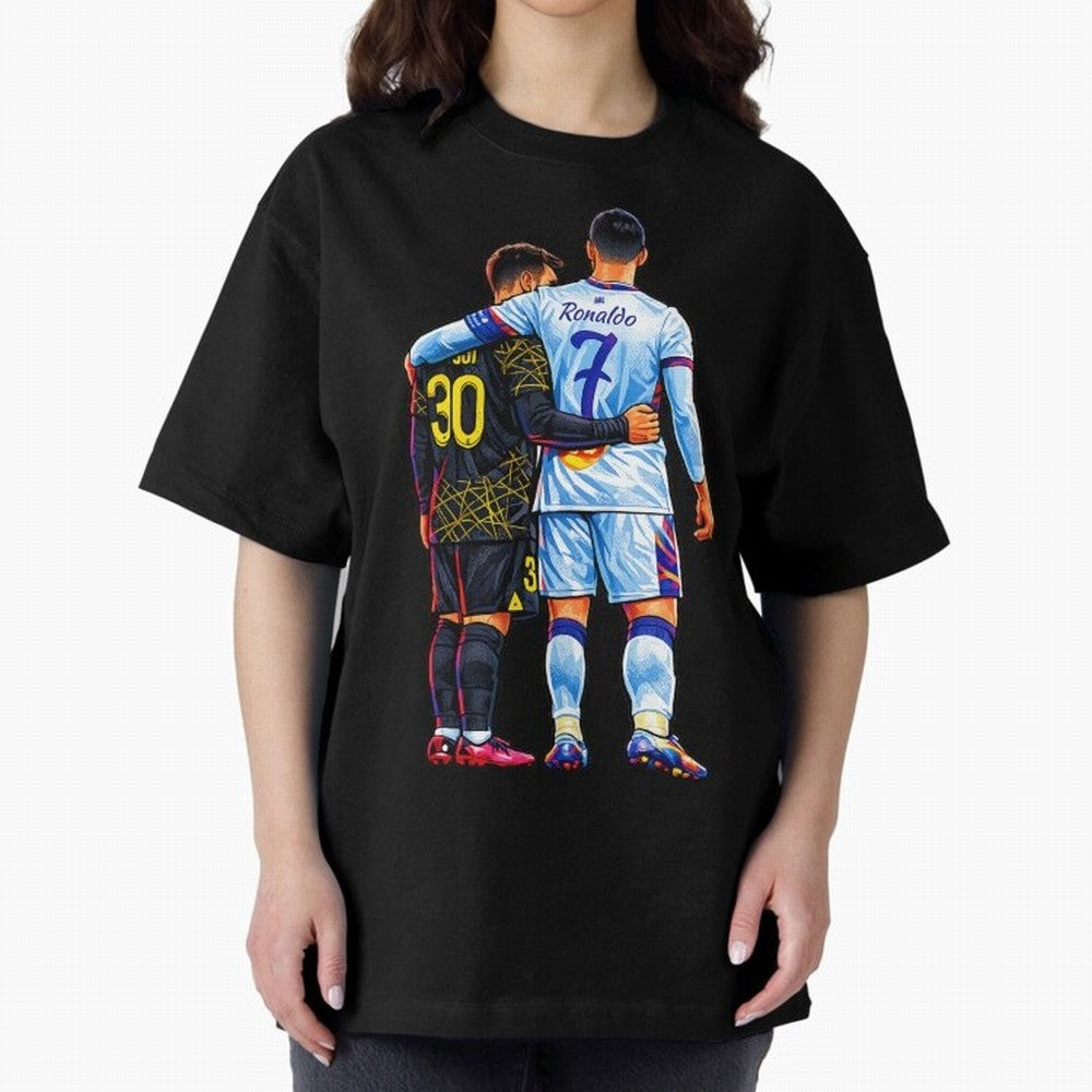 2 GOATS Oversized T-Shirt Fuel Match Day Hype around FIFA World Cup 2026, Messi, Portugal, Spain and Germany, Global Supporter Spirit, Legendary Goals, National Colors and Tournament Celebration; Great for Watch Parties, Sports Bars, Family Nights,