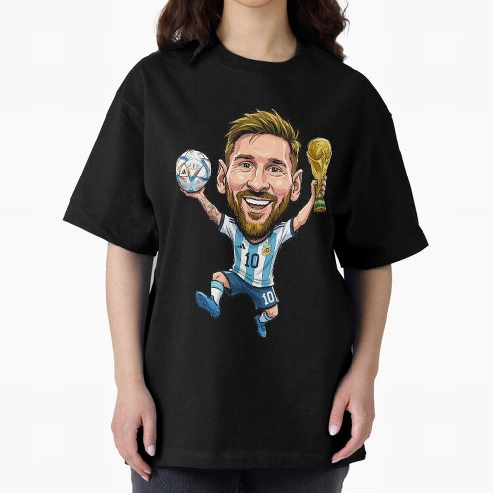 Messi Campion Caricatur Oversized T-Shirt Bring Global Tournament Vibes to Match Day Hype around FIFA World Cup 2026, Neymar, Argentina, France and Brazil, Champion Mindset, Group Stage Buzz, Knockout Tension and Passionate Fan Culture; Made for