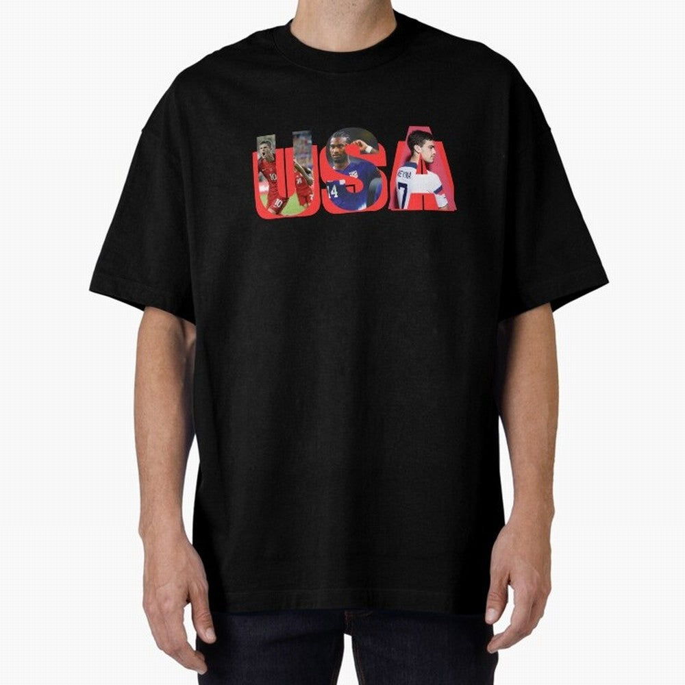 USA Soccer Cristian Pulisic, Haji Wright, Gio Reyna Oversized T-Shirt Treasure Global Football Passion for FIFA World Cup 2026 Group Stage, Celebrating Mbappe and Neymar, England, France and Netherlands, Championship Spirit, Famous Goals, Roaring