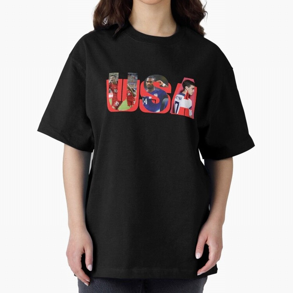 USA Soccer Cristian Pulisic, Haji Wright, Gio Reyna Oversized T-Shirt Treasure Global Football Passion for FIFA World Cup 2026 Group Stage, Celebrating Mbappe and Neymar, England, France and Netherlands, Championship Spirit, Famous Goals, Roaring