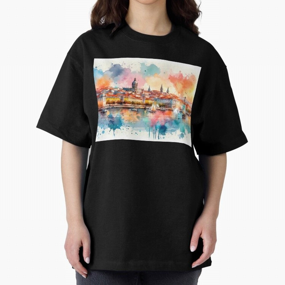 Lisbon cityscape with sailboats Oversized T-Shirt Honor the Beautiful Game during the FIFA World Cup 2026 Group Stage Journey through CR7 Highlights, Portugal, Spain and Germany Pride, Soccer Culture, Superstar Moments, National Team Dreams and