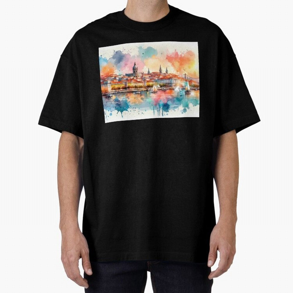 Lisbon cityscape with sailboats Oversized T-Shirt Honor the Beautiful Game during the FIFA World Cup 2026 Group Stage Journey through CR7 Highlights, Portugal, Spain and Germany Pride, Soccer Culture, Superstar Moments, National Team Dreams and
