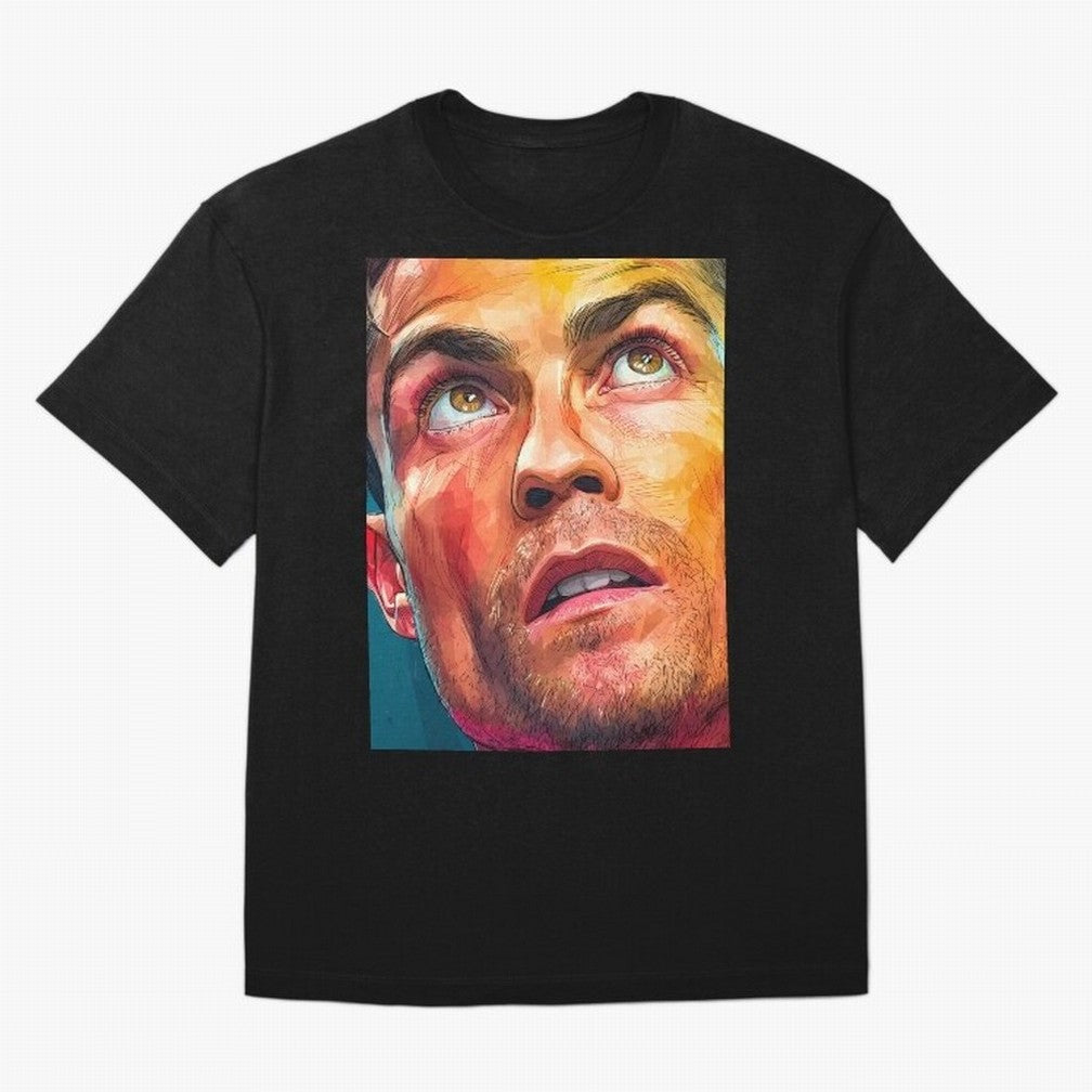 Cristiano Ronaldo Football Soccer Player Intense Color Portrait Oversized T-Shirt Celebrate Supporters United by Global Football Passion for FIFA World Cup 2026, Built around CR7 and Messi, Argentina, France and Brazil, Goal Celebration Energy,