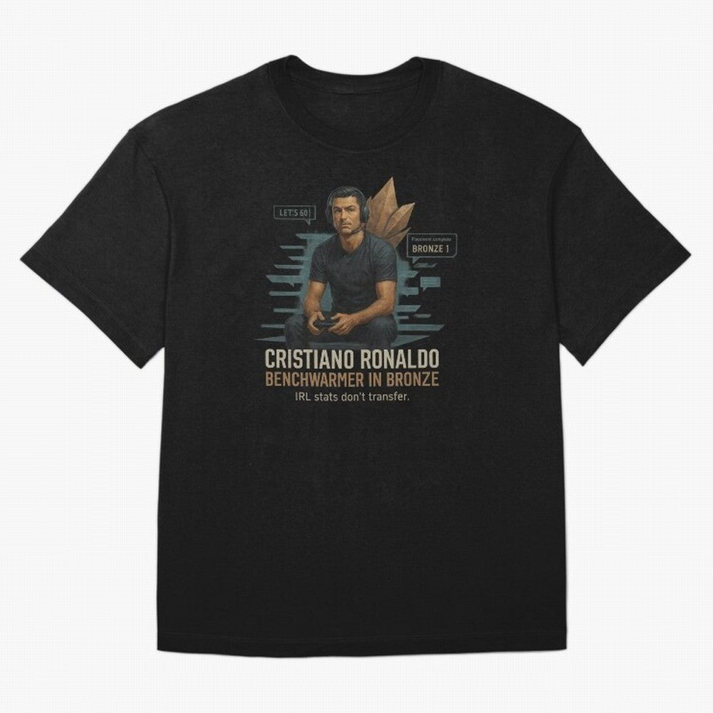 Cristiano Ronaldo Bronze Gamer ¨C Benchwarmers IRL Stats Don¡¯t Transfer Oversized T-Shirt Feel International Energy from FIFA World Cup 2026 Group Stage Spirit, Filled with England, France and Netherlands, Haaland, Soccer Culture, Superstar