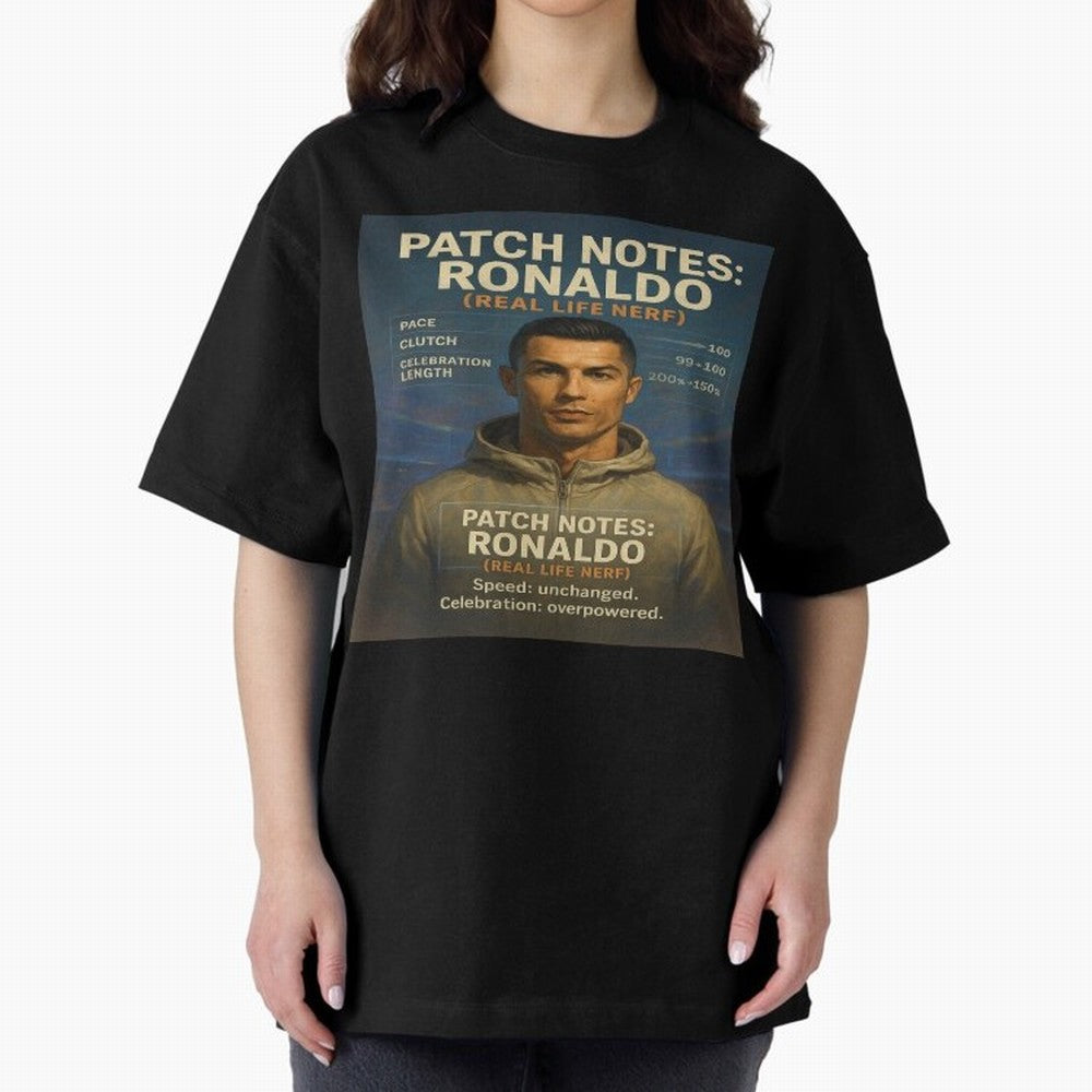 Patch Notes Cristiano Ronaldo ¡ª Real Life Nerf Football Gamer Oversized T-Shirt Feel the Trophy Chase of the FIFA World Cup 2026 USA Canada Mexico Journey through Cristiano Ronaldo Highlights, England, France and Netherlands Pride, Match Day