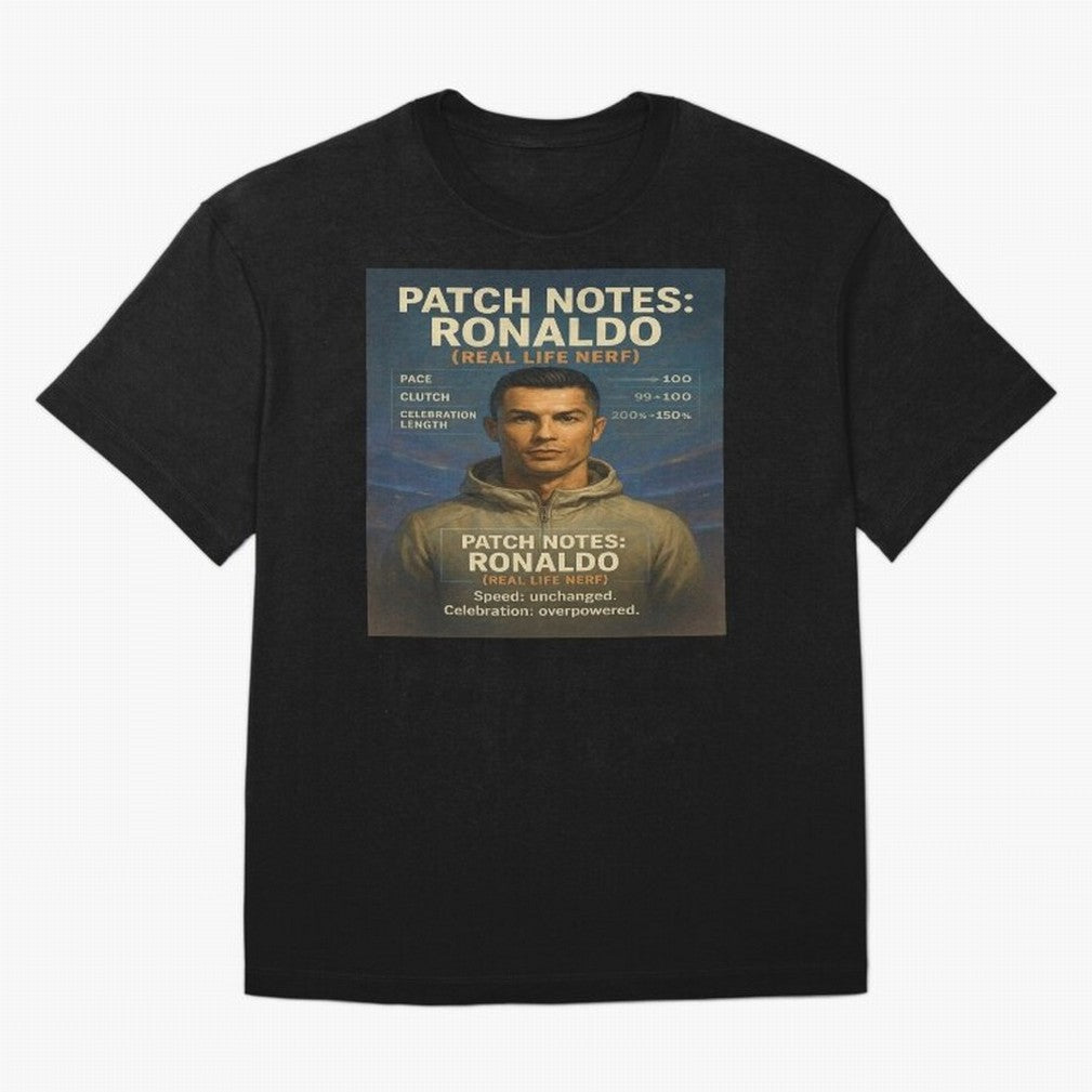 Patch Notes Cristiano Ronaldo ¡ª Real Life Nerf Football Gamer Oversized T-Shirt Feel the Trophy Chase of the FIFA World Cup 2026 USA Canada Mexico Journey through Cristiano Ronaldo Highlights, England, France and Netherlands Pride, Match Day