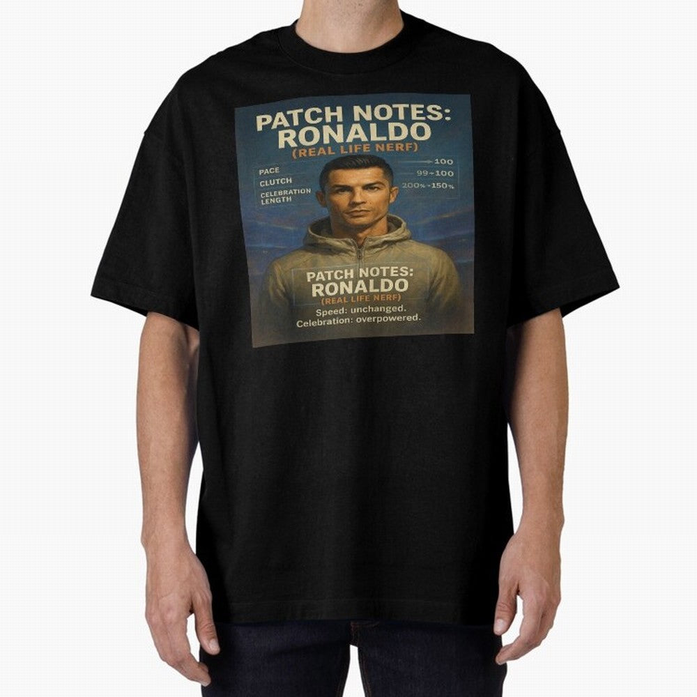 Patch Notes Cristiano Ronaldo ¡ª Real Life Nerf Football Gamer Oversized T-Shirt Feel the Trophy Chase of the FIFA World Cup 2026 USA Canada Mexico Journey through Cristiano Ronaldo Highlights, England, France and Netherlands Pride, Match Day