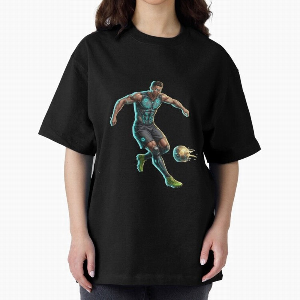 Cyberpunk Cristiano Ronaldo: Futuristic CR7 Kicking Glowing Soccer Ball Fan Art Oversized T-Shirt Bring Match Day Fire to Match Day Hype around FIFA World Cup 2026, Neymar, Argentina and Brazil, Classic Soccer Heritage, Championship Pressure, Fan