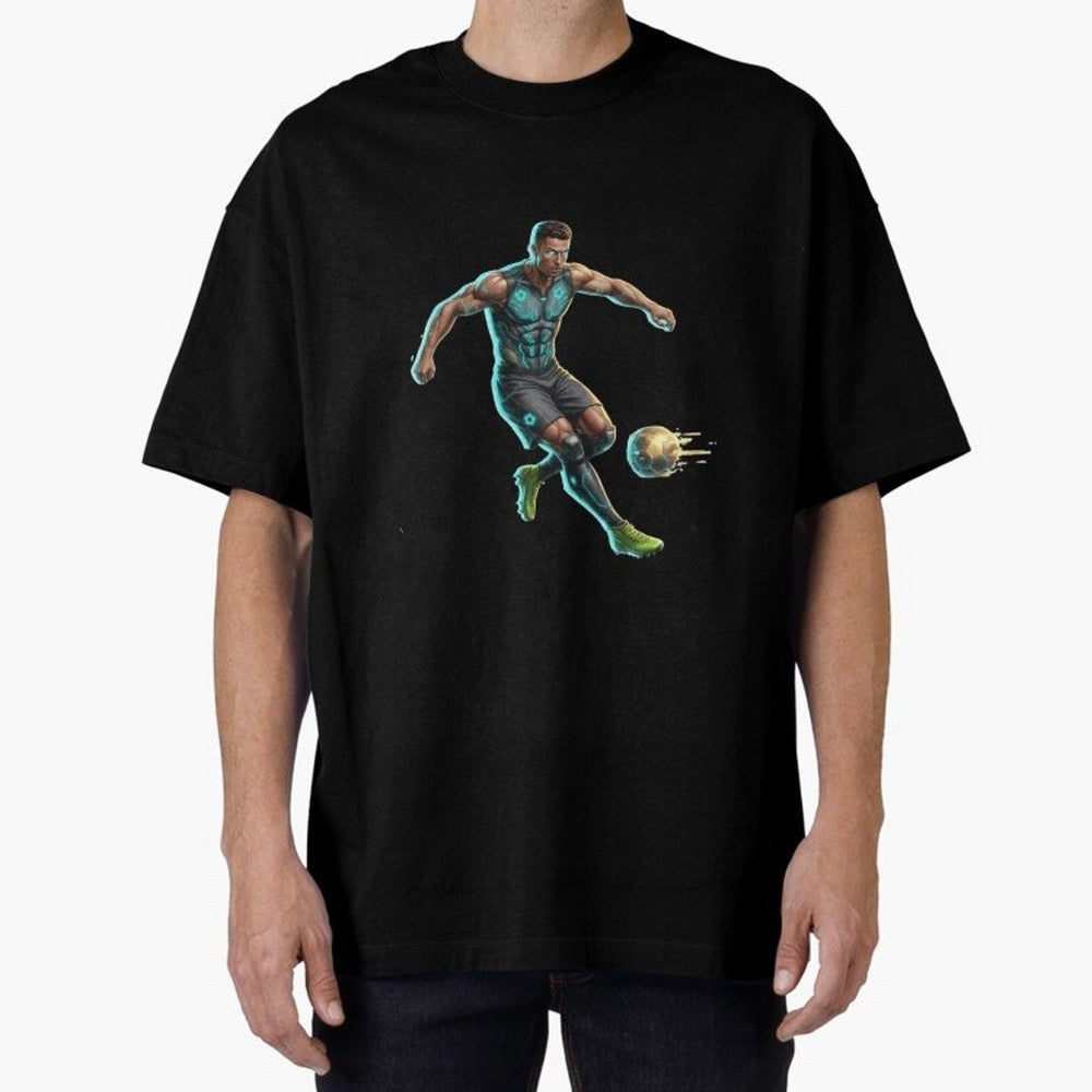 Cyberpunk Cristiano Ronaldo: Futuristic CR7 Kicking Glowing Soccer Ball Fan Art Oversized T-Shirt Bring Match Day Fire to Match Day Hype around FIFA World Cup 2026, Neymar, Argentina and Brazil, Classic Soccer Heritage, Championship Pressure, Fan