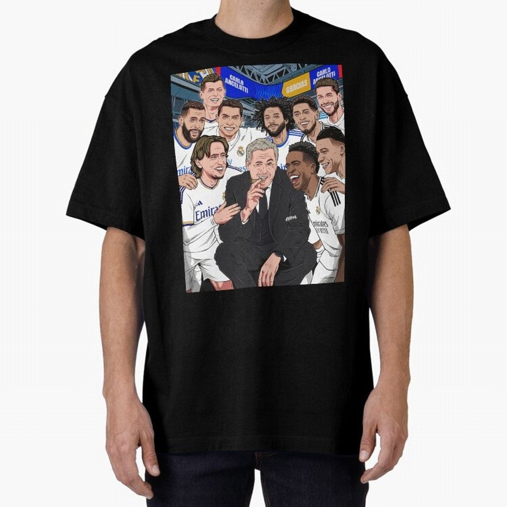 Carlo Ancelotti and Real Madrid Players Oversized T-Shirt Capture Stadium Memories from Global Football Passion for FIFA World Cup 2026 Group Stage, Made for Messi and Cristiano Ronaldo, France, Match Day Excitement, Supporter Culture, Golden Goals
