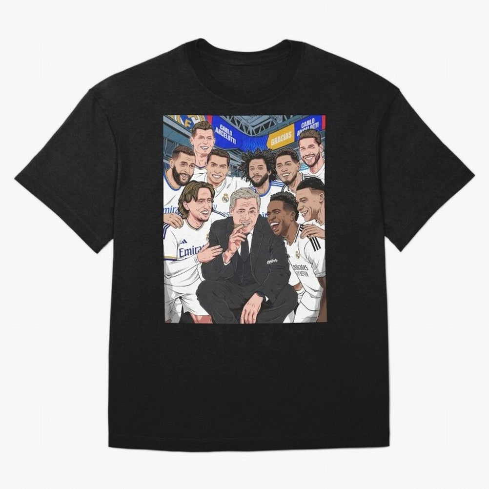 Carlo Ancelotti and Real Madrid Players Oversized T-Shirt Capture Stadium Memories from Global Football Passion for FIFA World Cup 2026 Group Stage, Made for Messi and Cristiano Ronaldo, France, Match Day Excitement, Supporter Culture, Golden Goals