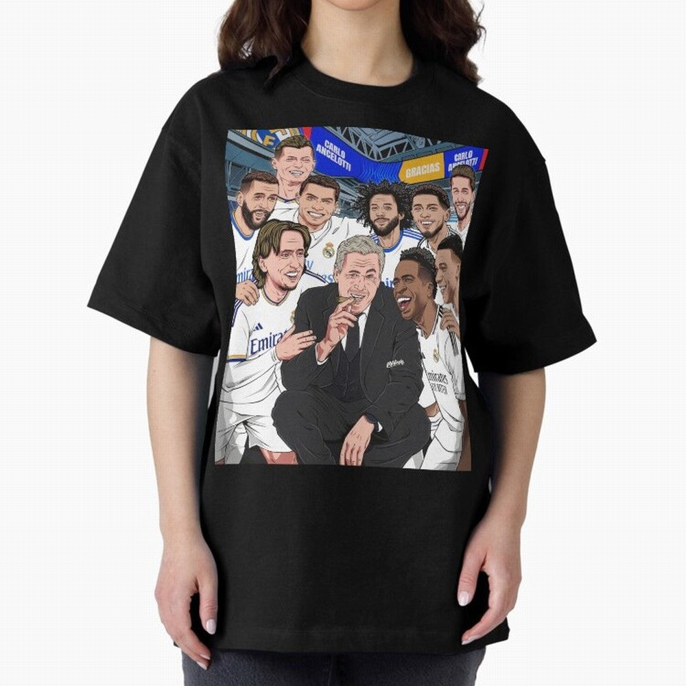 Carlo Ancelotti and Real Madrid Players Oversized T-Shirt Capture Stadium Memories from Global Football Passion for FIFA World Cup 2026 Group Stage, Made for Messi and Cristiano Ronaldo, France, Match Day Excitement, Supporter Culture, Golden Goals