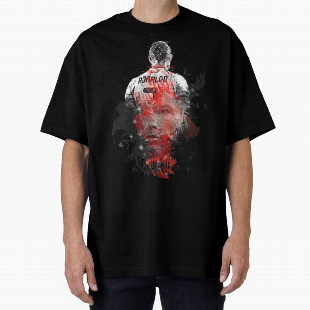 Abstract Football Player Portrait Retro Poster Art For Men, Gift For Soccer Fans Oversized T-Shirt Follow the Final Road of Match Day Hype around FIFA World Cup 2026 USA Canada Mexico, Messi, CR7 and Mbappe, Portugal, Soccer Culture, Superstar