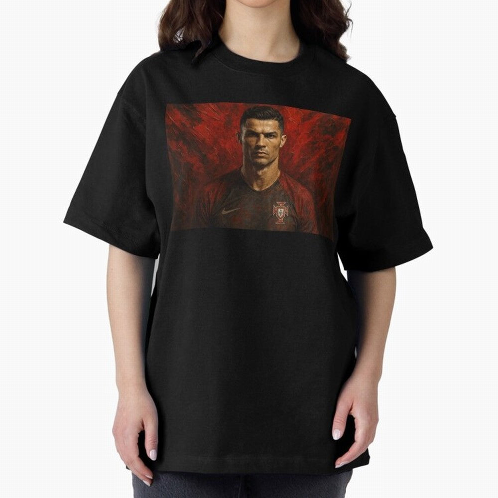 Cristiano Ronaldo Portrait Oversized T-Shirt Spotlight FIFA World Cup 2026 Group Stage for Fans of Mbappe and Portugal, Bringing Stadium Memories, Football Loyalty, International Chants and Championship Tradition; Made for Die Hard Supporters,