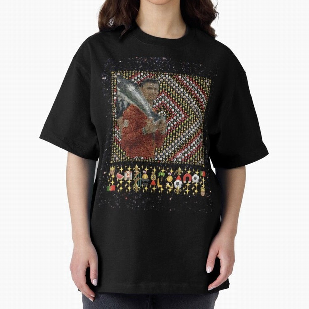 Iconic Emojified Football Legend Holding Victory Trophy | Inspired Art Oversized T-Shirt Make Game Day About Match Day Hype around FIFA World Cup 2026 Group Stage, Haaland, Portugal, Spain and Germany, Supporter Pride, Iconic Celebrations,