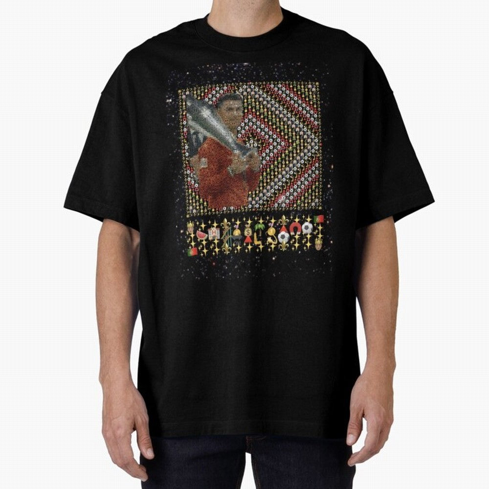 Iconic Emojified Football Legend Holding Victory Trophy | Inspired Art Oversized T-Shirt Make Game Day About Match Day Hype around FIFA World Cup 2026 Group Stage, Haaland, Portugal, Spain and Germany, Supporter Pride, Iconic Celebrations,