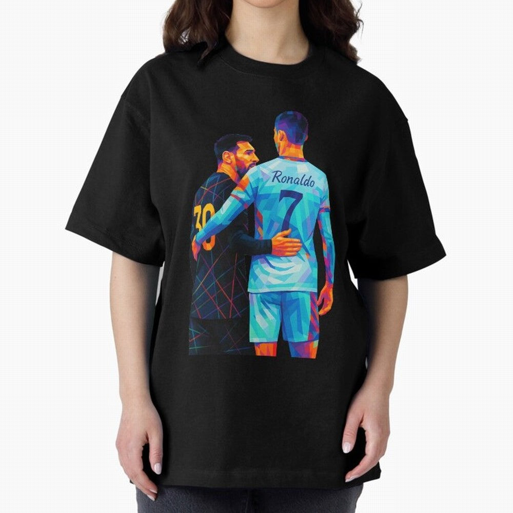 Cristiano Ronaldo & Messi Wpap Art Oversized T-Shirt Celebrate the Road through Match Day Hype around FIFA World Cup 2026 USA Canada Mexico, Haaland and Mbappe, France, Vintage Soccer Flavor, Modern Football Stars, National Flags and Final Night
