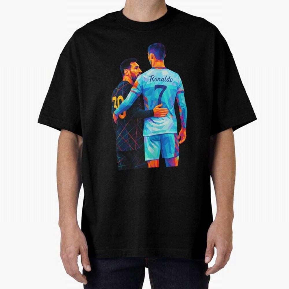 Cristiano Ronaldo & Messi Wpap Art Oversized T-Shirt Celebrate the Road through Match Day Hype around FIFA World Cup 2026 USA Canada Mexico, Haaland and Mbappe, France, Vintage Soccer Flavor, Modern Football Stars, National Flags and Final Night