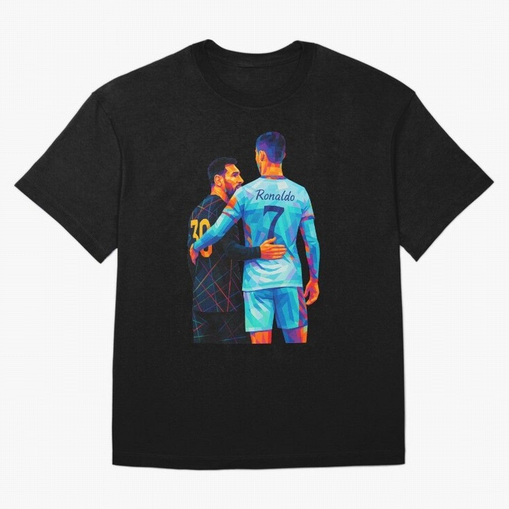 Cristiano Ronaldo & Messi Wpap Art Oversized T-Shirt Celebrate the Road through Match Day Hype around FIFA World Cup 2026 USA Canada Mexico, Haaland and Mbappe, France, Vintage Soccer Flavor, Modern Football Stars, National Flags and Final Night
