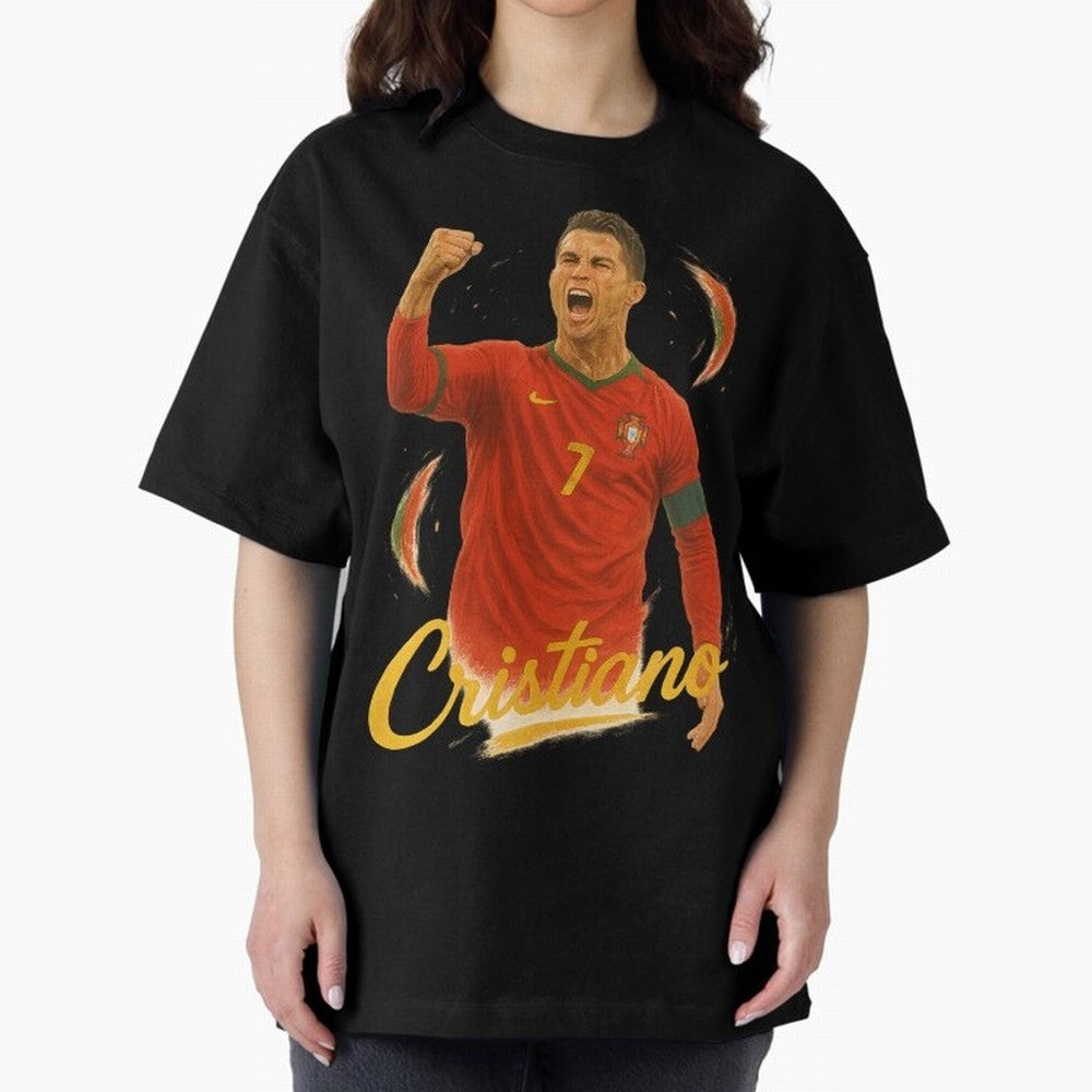Cristiano Ronaldo Portugal Art ¨C Captain¡¯s Glory Football Tribute	 Oversized T-Shirt Celebrate Soccer Greatness during Match Day Hype around FIFA World Cup 2026 Group Stage, Messi and Cristiano Ronaldo, Brazil, Portugal and Argentina, Retro