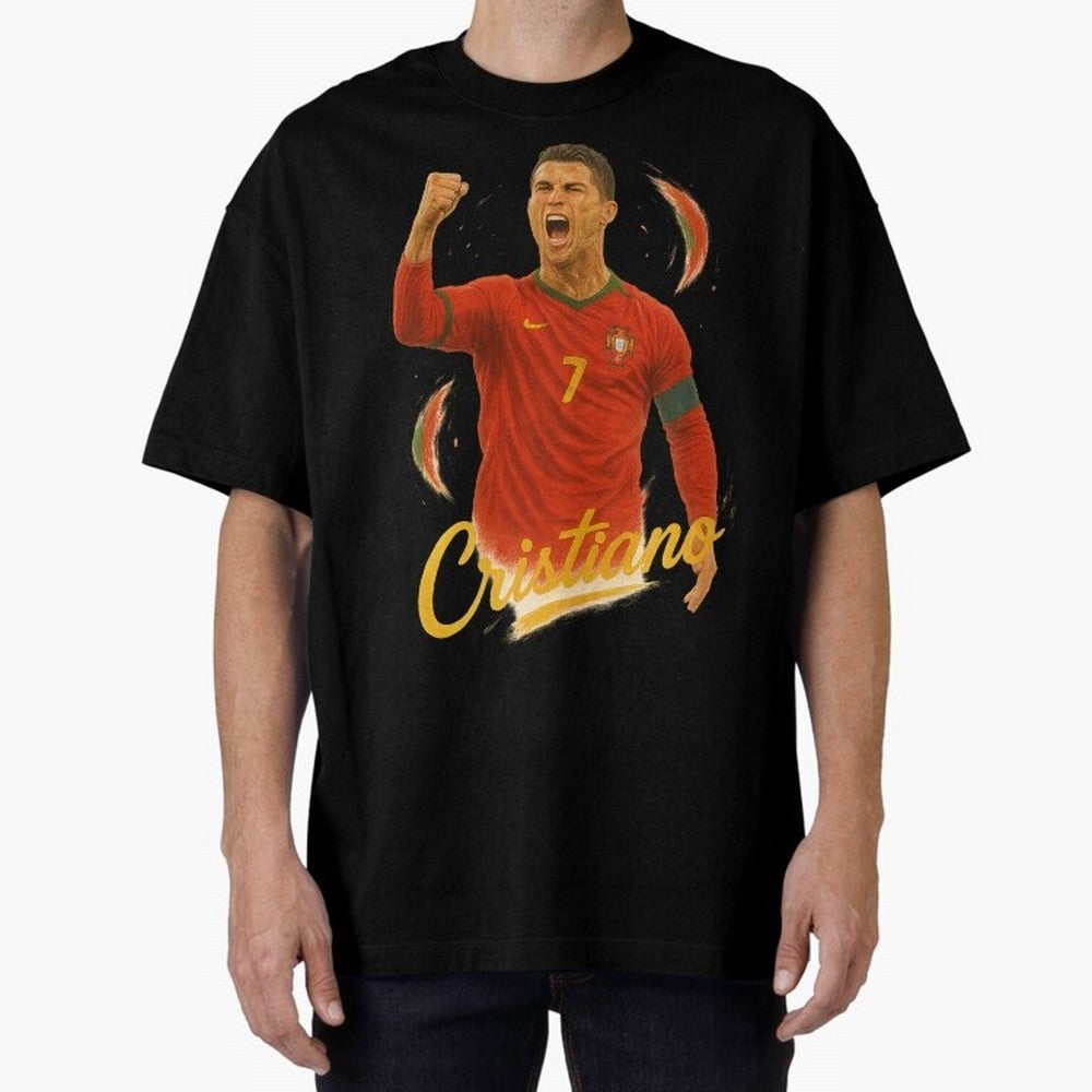 Cristiano Ronaldo Portugal Art ¨C Captain¡¯s Glory Football Tribute	 Oversized T-Shirt Celebrate Soccer Greatness during Match Day Hype around FIFA World Cup 2026 Group Stage, Messi and Cristiano Ronaldo, Brazil, Portugal and Argentina, Retro