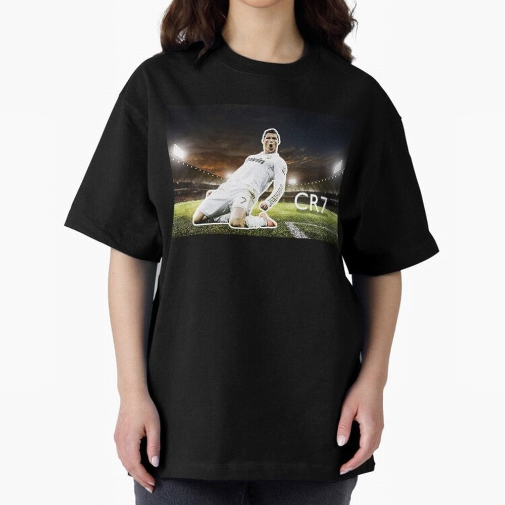Cristiano Ronaldo Celebration Scene Oversized T-Shirt Capture Stadium Memories from Global Football Passion for FIFA World Cup 2026 Group Stage, Capturing Haaland and Mbappe, Brazil, Portugal and Argentina, Vintage Soccer Flavor, Modern Football