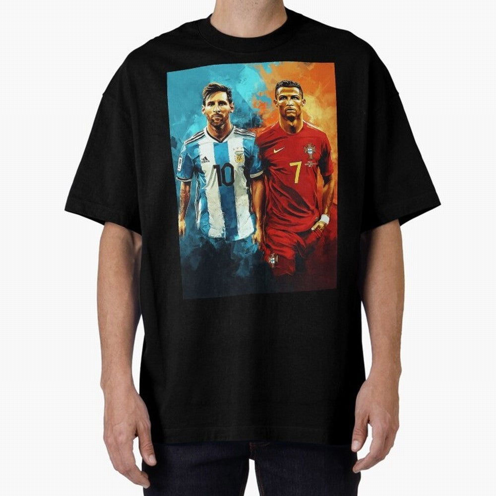 Lionel Messi and Cristiano Ronaldo Oversized T-Shirt Remember Iconic Moments from FIFA World Cup 2026 Group Stage Driven by CR7 and Messi, France and Portugal Energy, Global Supporter Spirit, Legendary Goals, National Colors and Tournament