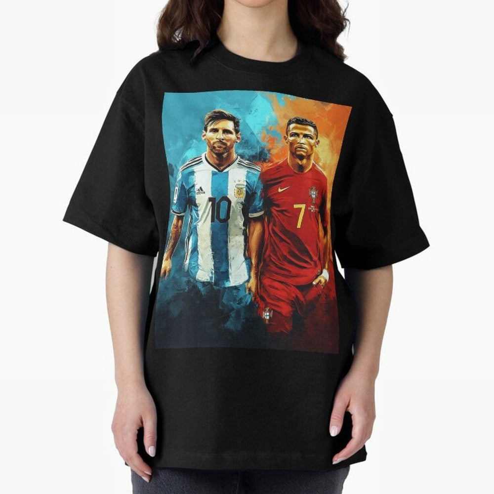 Lionel Messi and Cristiano Ronaldo Oversized T-Shirt Remember Iconic Moments from FIFA World Cup 2026 Group Stage Driven by CR7 and Messi, France and Portugal Energy, Global Supporter Spirit, Legendary Goals, National Colors and Tournament