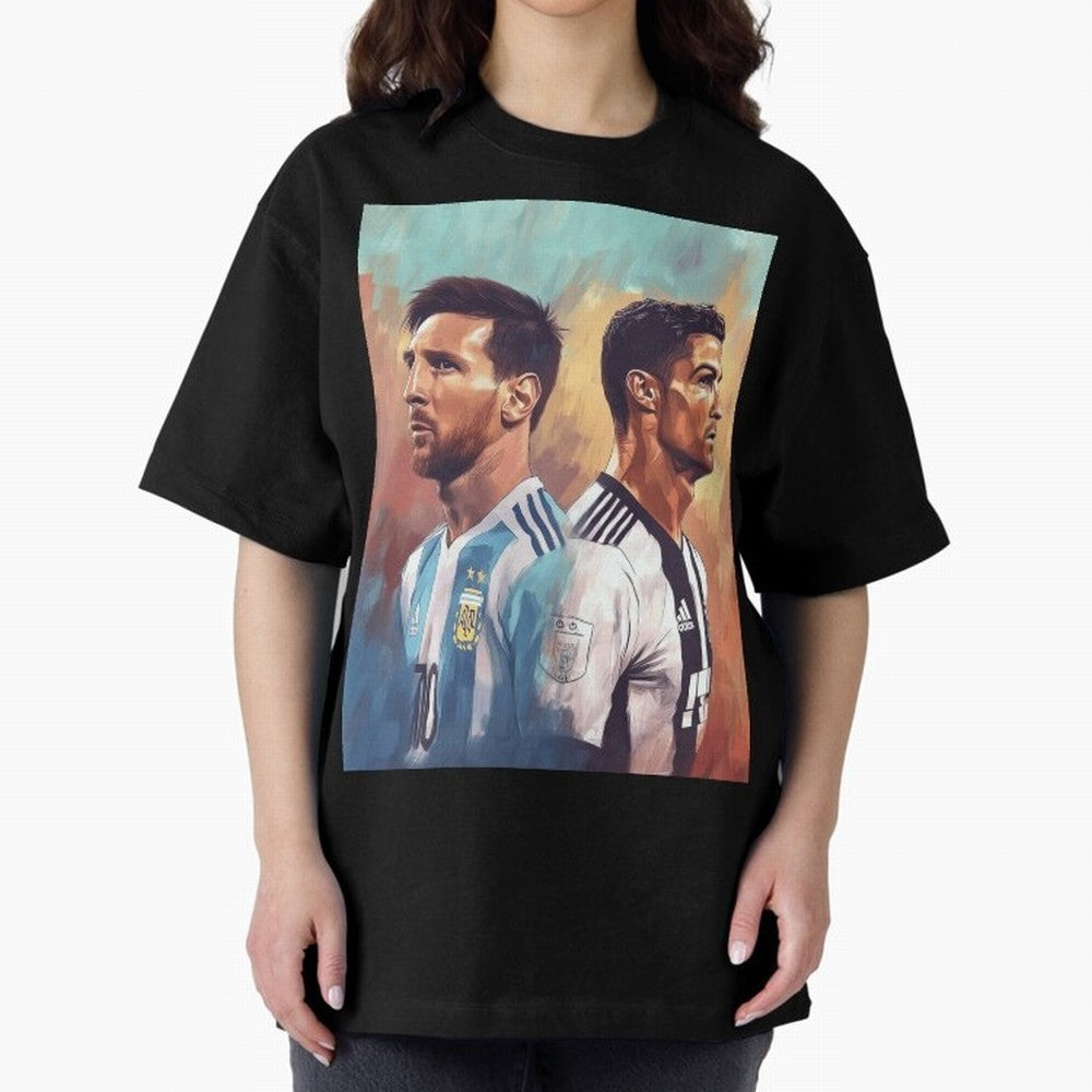 Lionel Messi and Cristiano Ronaldo Oversized T-Shirt Celebrate the Biggest Stage of FIFA World Cup 2026 USA Canada Mexico for Fans of Cristiano Ronaldo and Argentina, Bringing Game Day Rituals, Football Legends, Country Pride and the Road to the