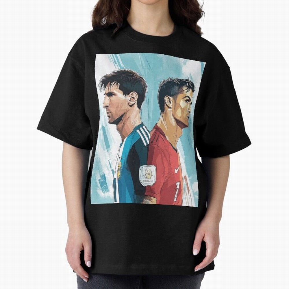 Lionel Messi and Cristiano Ronaldo Oversized T-Shirt Celebrate Global Passion for FIFA World Cup 2026 Centered on Messi and Cristiano Ronaldo, Spain Energy, Worldwide Fan Energy, Dramatic Goals, Stadium Lights and Championship Celebrations; Ideal