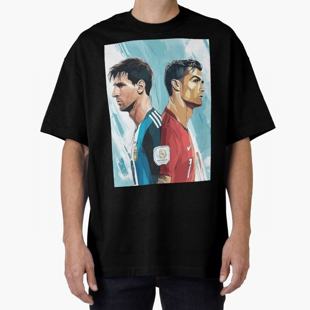 Lionel Messi and Cristiano Ronaldo Oversized T-Shirt Celebrate Global Passion for FIFA World Cup 2026 Centered on Messi and Cristiano Ronaldo, Spain Energy, Worldwide Fan Energy, Dramatic Goals, Stadium Lights and Championship Celebrations; Ideal