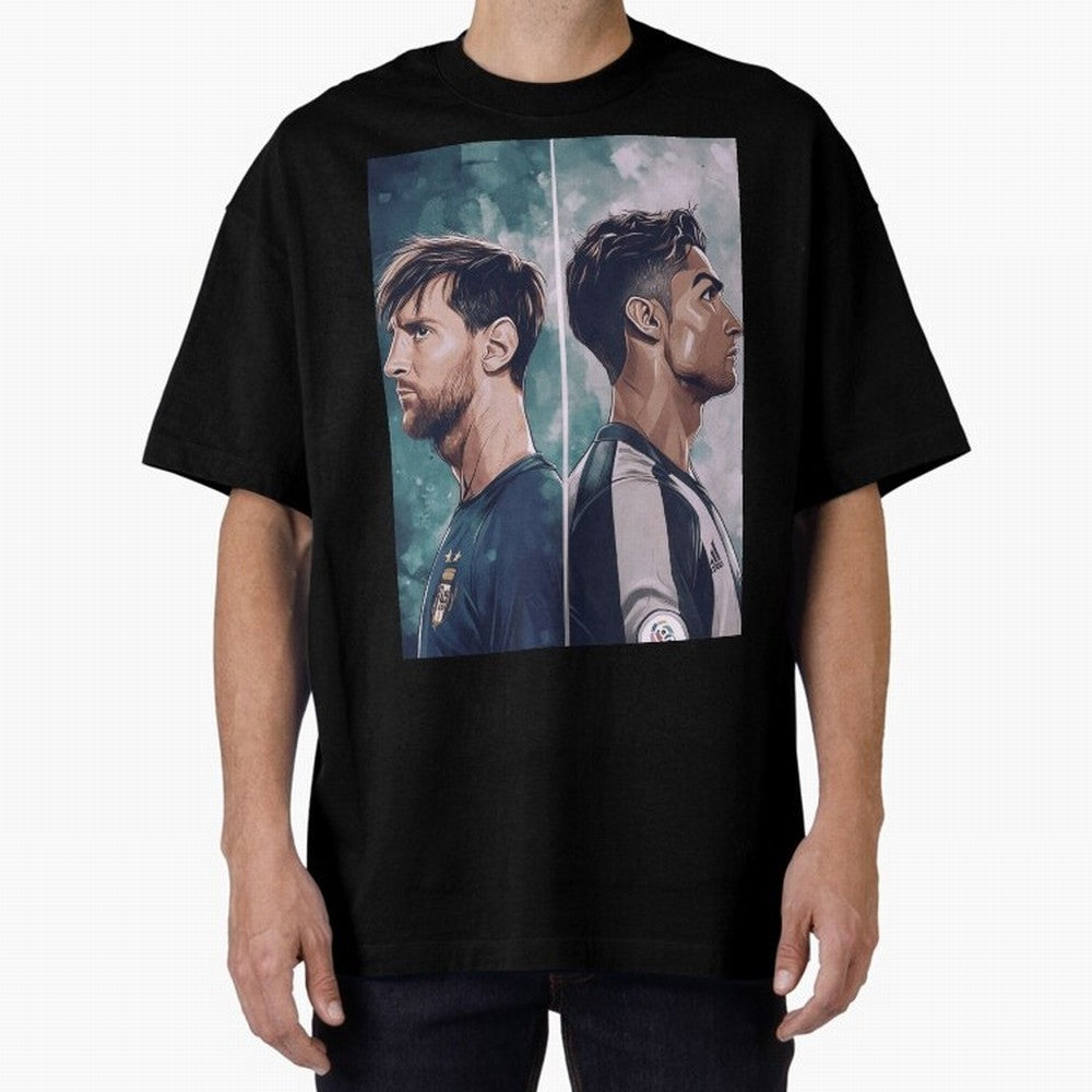 Lionel Messi and Cristiano Ronaldo Oversized T-Shirt Celebrate Rivalries and Pride in Match Day Hype around FIFA World Cup 2026 Group Stage, Mbappe and Neymar, Portugal, Spain and Germany, Match Day Excitement, Supporter Culture, Golden Goals and
